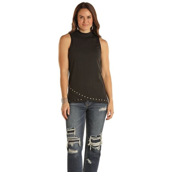Panhandle Tulip Hem Mock Neck Tank with Silver Stud Details Black Size Large - Picture 1 of 8